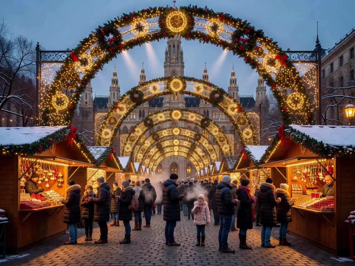 Vienna Rathausplatz Christmas Market lit with festive arches